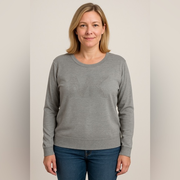 Michael Kors Sweaters - MICHAEL KORS Women's Studded Monogram Cotton Sweater - Heather Grey, X-Large